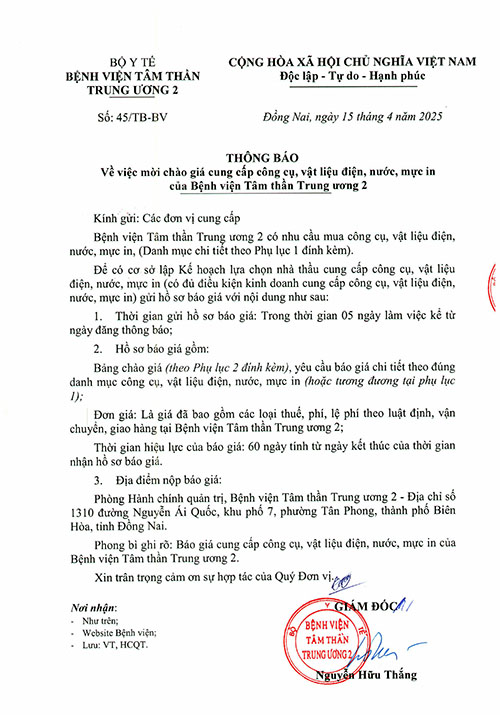 Mời chào giá cung cấp công cụ, vật liệu điện, nước, mực in của Bệnh viện Tâm thần trung ương 2