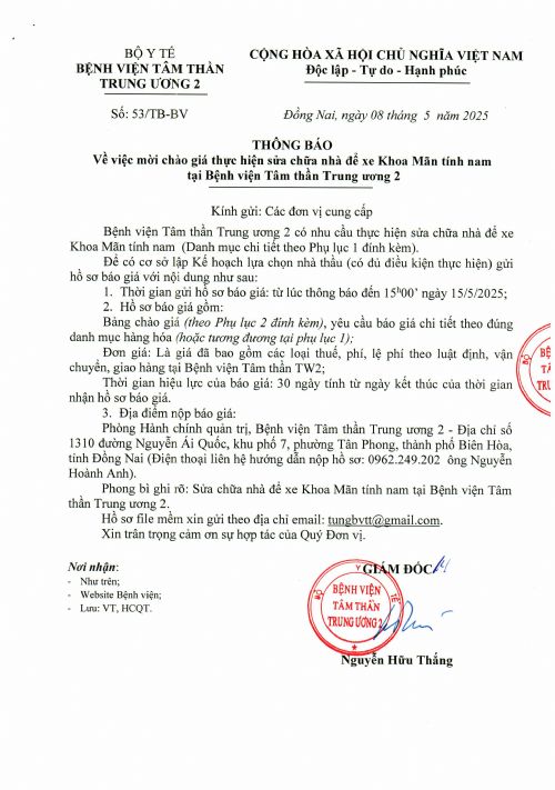 Chào giá thực hiện sửa chữa nhà để xe Khoa Mãn tính nam tại BV Tâm thần TW2