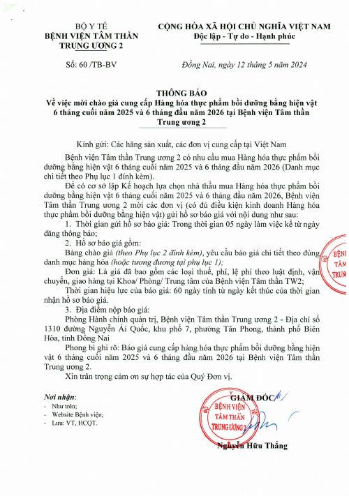 Chào giá cung cấp Hàng hóa thực phẩm bồi dưỡng bằng hiện vật 6 tháng cuối năm 2025 và 6 tháng đầu năm 2026 tại Bệnh viện Tâm thần trung ương 2