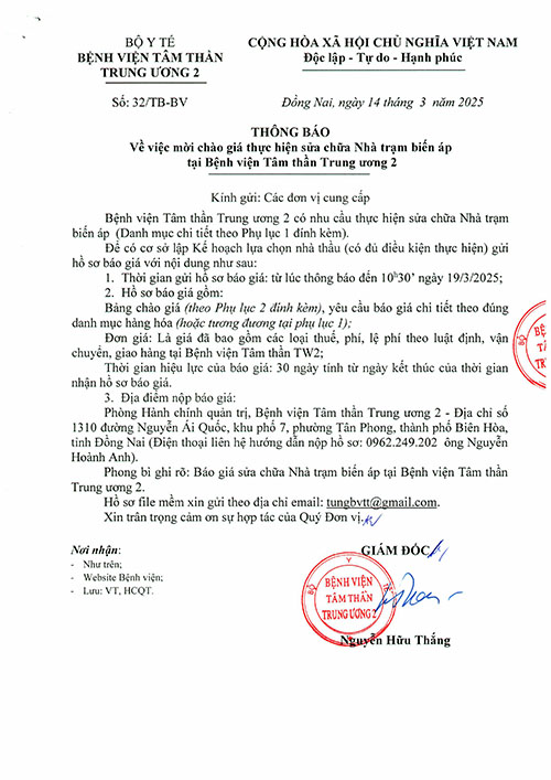Thông báo mời chào giá sửa chữa Trạm biến áp Bệnh viện Tâm thần Trung ương 2